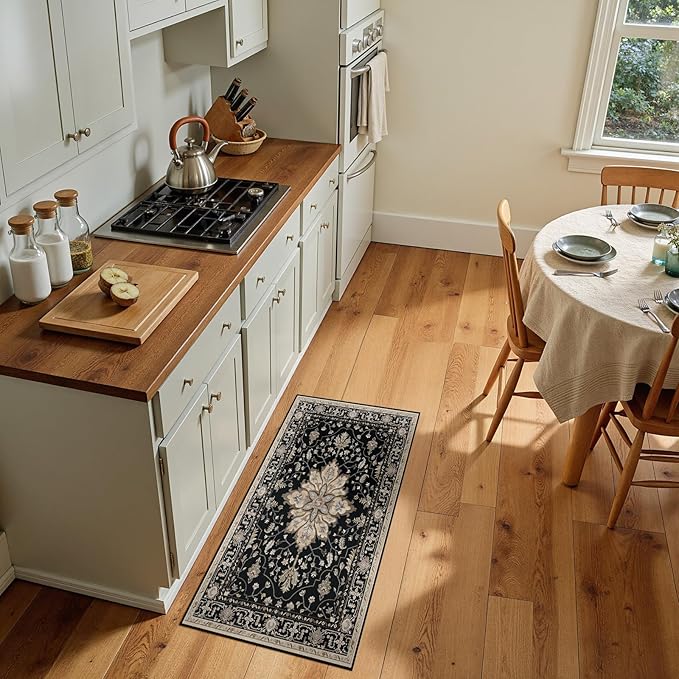 RELEANY Area Rugs Runner 2'x5' Washable Non-Slip, Floral Vintage Distress Medallion Carpet for Kitchen Hallway Bedroom Beside Laundry Room Bathroom, Black Brown Neutral Dark Tan
