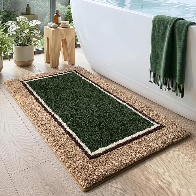 DEXI Bathroom Rugs 43x24, Absorbent Extra Soft Plush Microfiber Bath Mat for Bathroom, Non Slip Washable Bathmat Quick Dry for Shower Floor, Sink, Tub, Laundry Room, Beige and Green