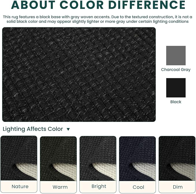 KOZYFLY Black Washable 5x7 Living Room Rug, Non Slip Woven Area Rugs, Braided Floor Carpet for Entryway, Kitchen, Bedroom, Dining Room, Office, Cotton Rug Indoor Decor, Black/Dark Grey