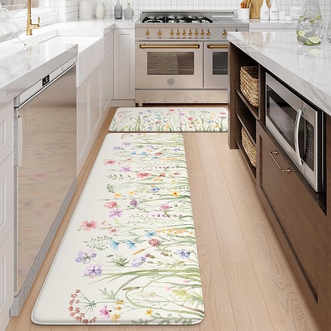 KIMODE Anti Fatigue Kitchen Mats for Floor, Farmhouse Floral Kitchen Rugs 20"x47"+20"x32", Non Slip Waterproof Kitchen Floor Mats, Comfort mats for Kitchen Floor, Sink, Laundry, Desk White