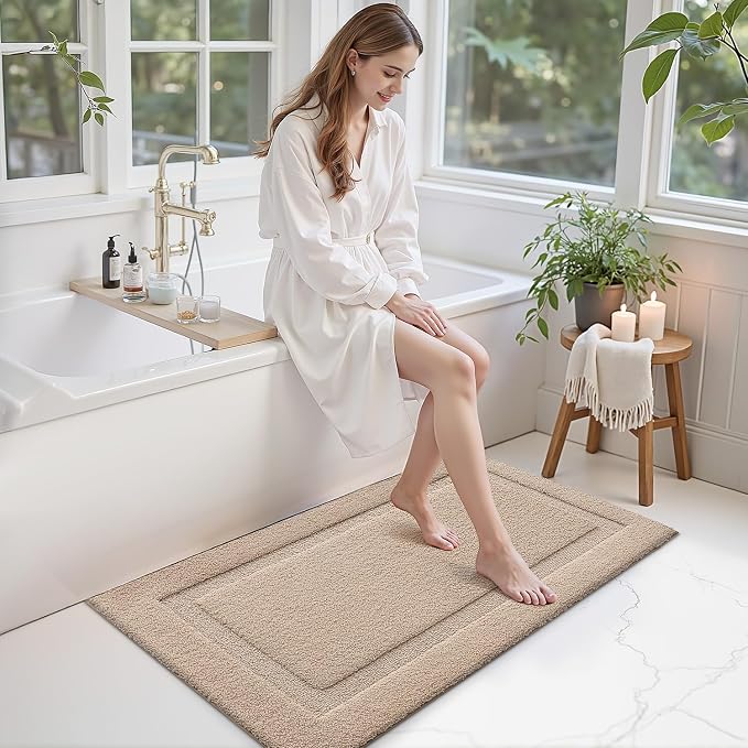 LUMI Large Ultra Soft Bathroom Rugs Non Slip with Rubber Backing, Absorbent Washable Bath Mat Quick Dry, Upgraded Premium Microfiber Plush Carpet for Bathtub and Shower Floor, Beige, 24x43