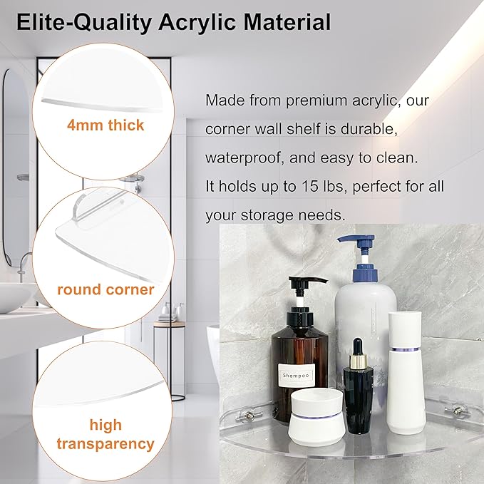 Acrylic Corner Shelves, Adhesive Shelf, Shower Caddy Organizer for Home Decor,Clear Shower Shelf,No Drilling Wall Mounted Bathroom Shelves (Clear 10 inch 1 set)