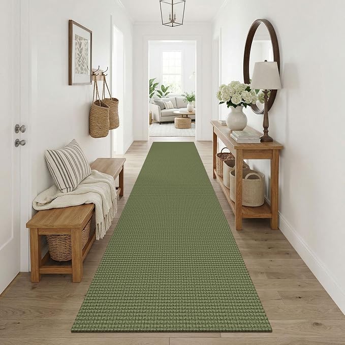 KOZYFLY Cotton Runners Rugs for Hallway 3x10, Wide Washable Runner Rug, Woven Non Slip Kitchen Runner, Braided Entryway Rug, Floor Carpet for Entry, Aisle, Hall, Olive Green/Earthy Green