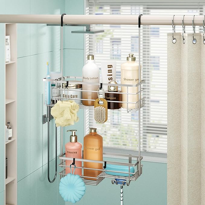 HapiRm Hanging Shower Caddy Organizer - No Drilling Shower Shelves with Hooks and Toothbrush Holder, Rustproof 304 Stainless Steel Bathroom Organizer - Brushed Nickel