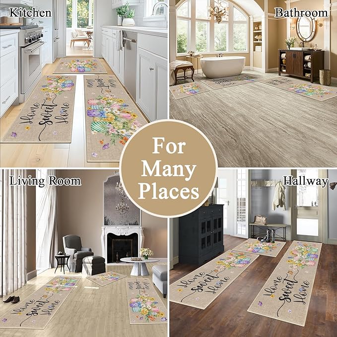 Vaukki Boho Kitchen Rug Sets 3 Pieces, Washable Kitchen Mats for Floor, Non Slip Soft Kitchen Area Rug Floor Mat for Kitchen, Laundry Room and Hallway (Spring Vase, 20''x32''+20''x47''+20''x59'')