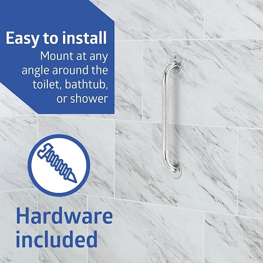 Medline Knurled Chrome 16” Grab Bar for Shower & Bathtub, Independence & Ease of Movement — for Elderly, Handicapped or Seniors, 300 lb. Capacity, 1 Bar