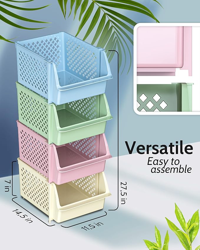 TidyFriend 4 Pack Stackable Storage Bins Open Front for Pantry Organizers and Storage, Pantry Storage for Food, Kitchen and Home Organization, Plastic Storage Bins, Dorm Room Essentials (Multi)