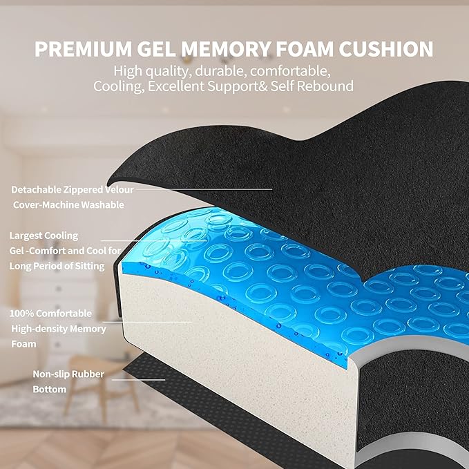 Cooling Gel Seat Cushion for Long Sitting - Memory Foam Chair Pillow for Sciatica Pain Relief - Orthopedic Gel & Memory Foam Coccyx Pad for Tailbone Pain - Office Chair Cushion for Back Pain