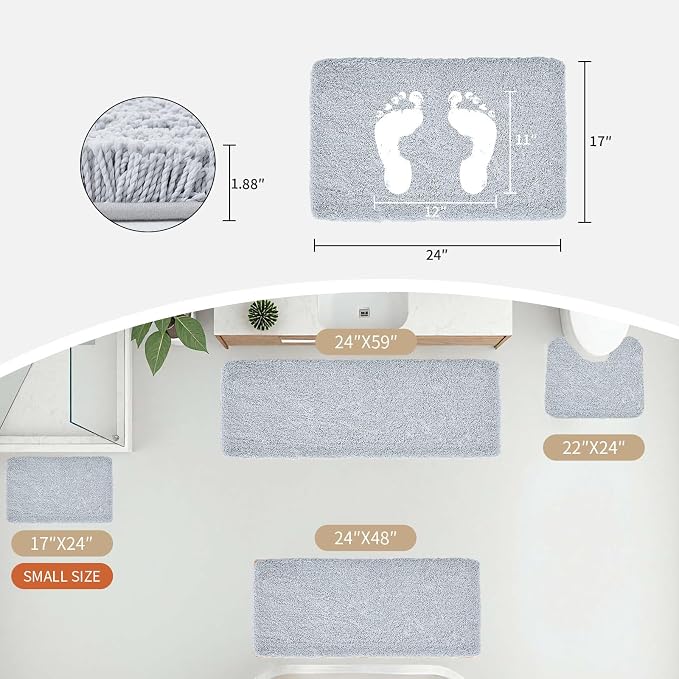 Disolla Bathroom Rug 17x24 - Non-Slip Plush Small Bath Mat, Highly Absorbent & Ultra Soft Fluffy Floor Mat, Machine Washable for Shower and Tub, Silver Grey