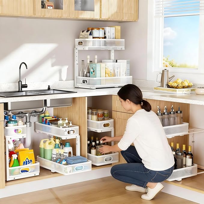 Under Sink Organizer 2 Pack, High Adjustable 2 Tier Under Sink Organizers and Storage, Slide out Metal Cabinet Organizers, Pull out Storage Drawer Shelf for Kitchen Bathroom Cabinet