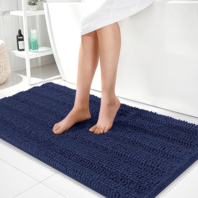 OLANLY Thick Bathroom Runner Rugs 44x24, Absorbent Chenille Striped Bath Rugs, Rubber Backing, Machine Wash, Long Bath Mats for Bathroom, Tub and Shower, Home Decor Accessories, Twilight Sapphire