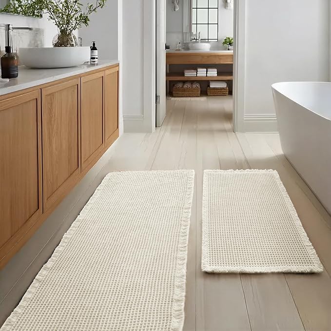 JIUZHEN Set of 2 Waffle Bath Mats Non Slip Waffle Bathroom Runner Rug Washable Boho Runner Bath Rugs Super Absorbent Shower Mat for Bathroom Kitchen Hallway Laundry, 20" x 32" +24" x 60", Ivory