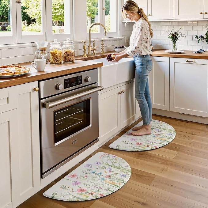 KIMODE Anti Fatigue Kitchen Mats for Floor, Half Moon Kitchen Rugs Sets of 2, 18"x28" Farmhouse Rugs for Kitchen Floor, Standing Desk Mats, Memory Foam Kitchen Floor Mats for Laundry Office Sink