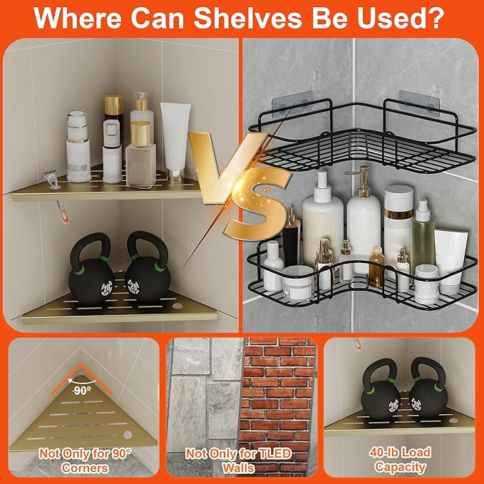 2 Pack Gold Corner Shower Shelves, 304 Stainless Steel Corner Wall Mounted Bathroom Organizer Caddy with Razor Slot, 10’’ Rust-Proof Floating Shelf for Shower Storage (Fits 90° Tile Walls,Holds 15lbs)