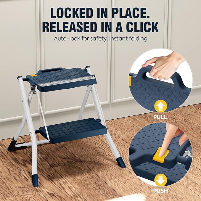 URACKIFY 2 Step Stool Foldable, Step Ladder with Non-Slip Rubber mat, Step Stool with Release Button, Lightweight Steel, Blue, for up to 330LBS.