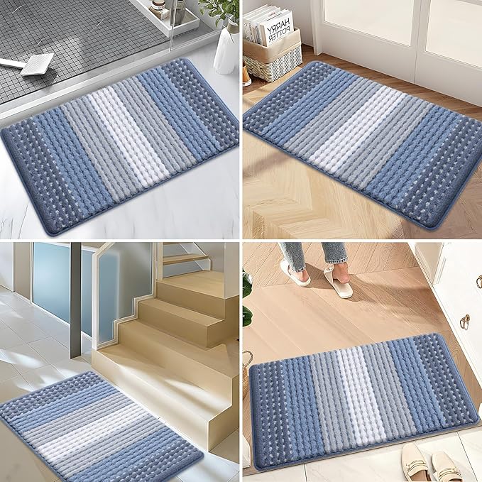Kitinjoy Indoor Outdoor Door Mat, 47x17 Non-Slip Absorbent Dirt Trapper, Low-Profile Washable Inside Entrance Front Floor Mat, Sturdy Soft Entry Dotted Ombre Doormats for Entryway, Light Blue