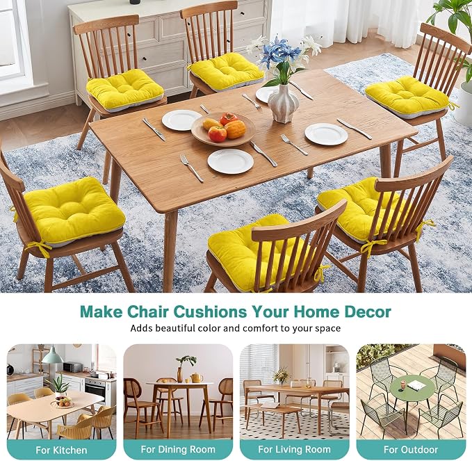 BETU Chair Cushions for Dining Chairs Set of 6,3.5" Thick Kitchen Table Chair Pads with Ties,Non Slip Backing and Covers, Seat Cushion for Dining Room,Bar,Patio Chairs,15.5"X15.5"X3.5",Gold