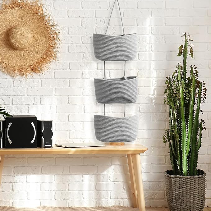 TeoKJ Over the Door Hanging Basket, 3-Tier Woven Cotton Wall-Mounted Storage Organizer Bag Decorative Hanging Nursery Baskets, Gray