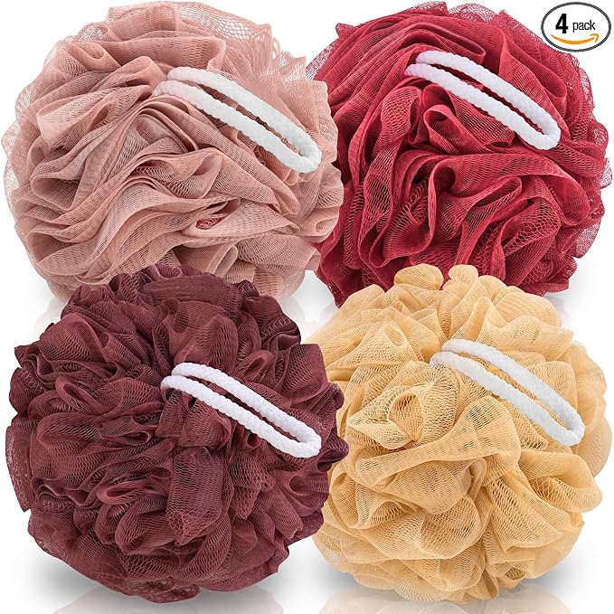 MTDLYICE Loofah Sponge XXL-100g 4 Pack, Bath Sponge Soft Mesh Shower Puff Loofah for Men, Exfoliating Body Scrubber for Women, Shower Accessories (Cherry Red)