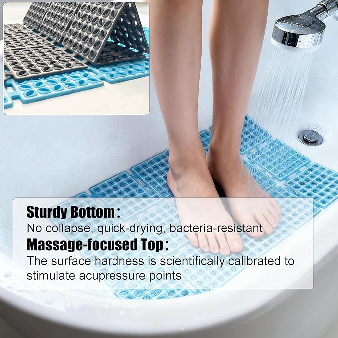 Non Slip Shower Mat for Bathtub with Strong Suction Cups | Quick-Dry Drain holes.Firm Yet Elastic Surface Massages Feet.Boosts Circulation.Sticks to Wall to Dry,Folds.26.2"x15.6" Blue