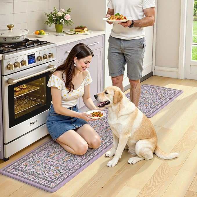 KIMODE Anti Fatigue Kitchen Mats 20"x47"+20"x32", Boho Flora Kitchen Rugs Sets of 2, Cushioned Non Skid Kitchen Mats for Floor, Comfort Kitchen Floor Mats for Sink Laundry Desk Purple