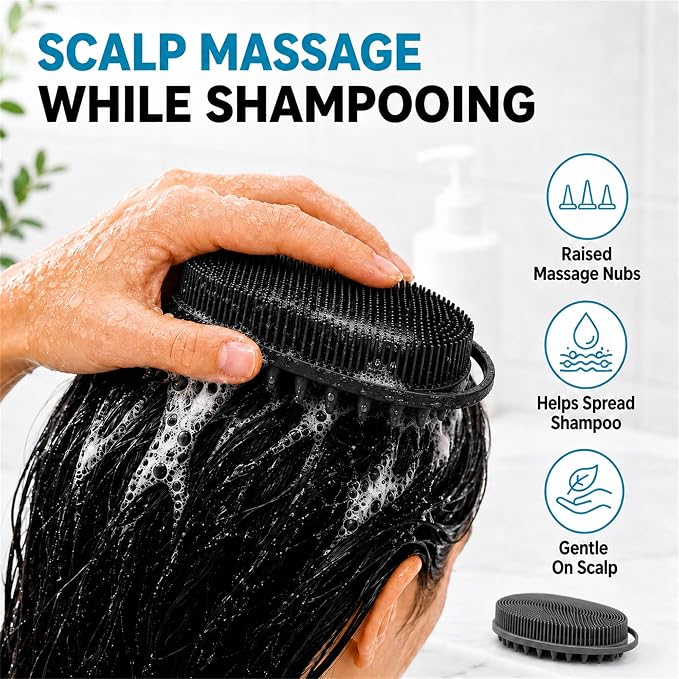 2 Pack Silicone Body Scrubber, Loofah Double-Sided Body Brush,Shower Scrubber and Scalp Massager Shampoo Brush for Sensitive Kids Women Men All Kinds of Skin (Black & Gray)