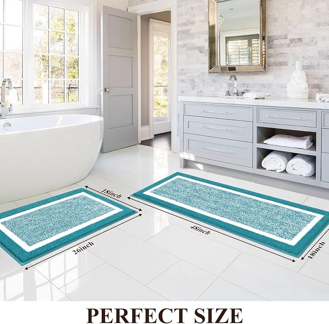 Pauwer Bathroom Sets, Non Slip Bath Mats, Absorbent Shower Rugs for Bathroom Floor, Tub and Shower, Aqua Blue