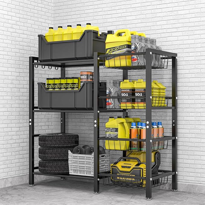 Hastatii Storage Rack Kitchen Baker's Rack - 3 Tiers 4 Baskets, Utility Coffee Bar, Air Fryer Stand with Steel Mesh Baskets