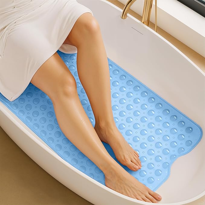 LUX Décor Non-Slip Bathtub Mat, Extra Large 40x16 Inches – Anti-Slip Safety Shower Mat with Suction Cups & Drain Holes – Machine Washable Bath Mat – Clear Blue