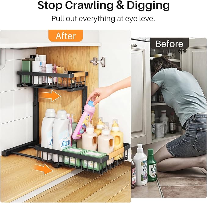 PXRACK Under Sink Organizer, Adjustable Height, 2 Tier Pull Out Under Cabinet Organizer, Slide Out Thickened Metal Under Sink Storage for Kitchen Bathroom Laundry Pantry Cabinet, Black, Small-2-Pack