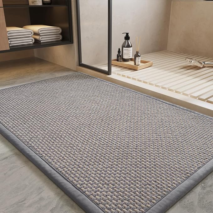 PADOOR-Bath Mat-Super Absorbent Chenille Bathroom Mats-Rubber Backed Bath Mats for Bathroom Non Slip, Easy Clean Bathroom Rugs Front of Bathtub,Shower Room,Sink-24×36, Grey&Beige