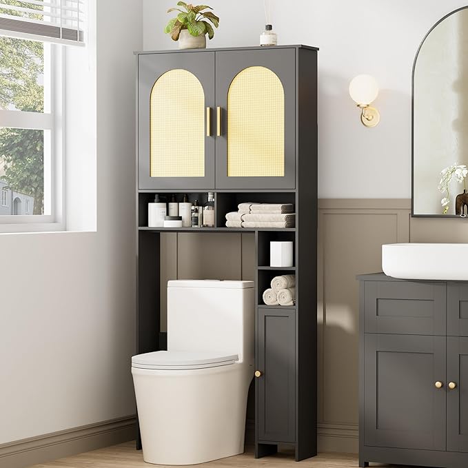 Homhedy 67" H Over The Toilet Storage Cabinet, Bathroom Organizer with Rattan Decorated Doors, Adjustable Shelves, Toilet Paper Holder, Space-Saving Bathroom Shelf for Small Spaces, Natural and Black