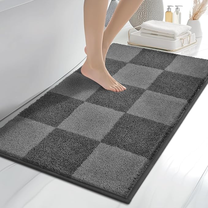 anllugs Bathroom Rugs 24" x 36", Non-Slip Extra Soft Absorbent Bath Rugs, Machine Washable Quick Dry Bath Mats for Bathroom Floor, Shower, Bathtub and Sink, Checkered Grey & Dark Grey