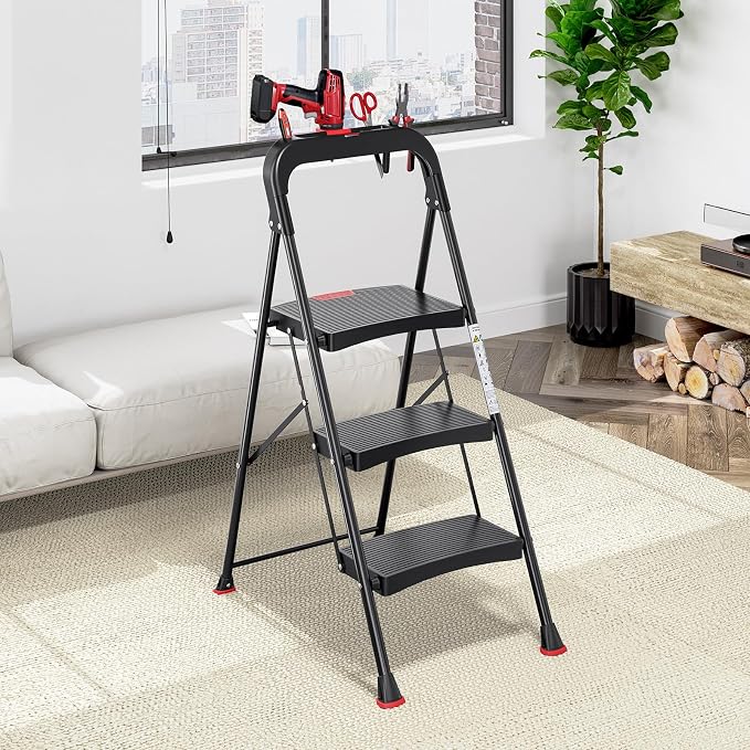 TOOLF 3 Step Ladder, Heavy Duty Step Stool with Tool Tray and Anti-Slip Wide Pedal, Portable Steel Folding Ladder for Home, Kitchen, 800 Lbs Capacity for Home & Industry, Black
