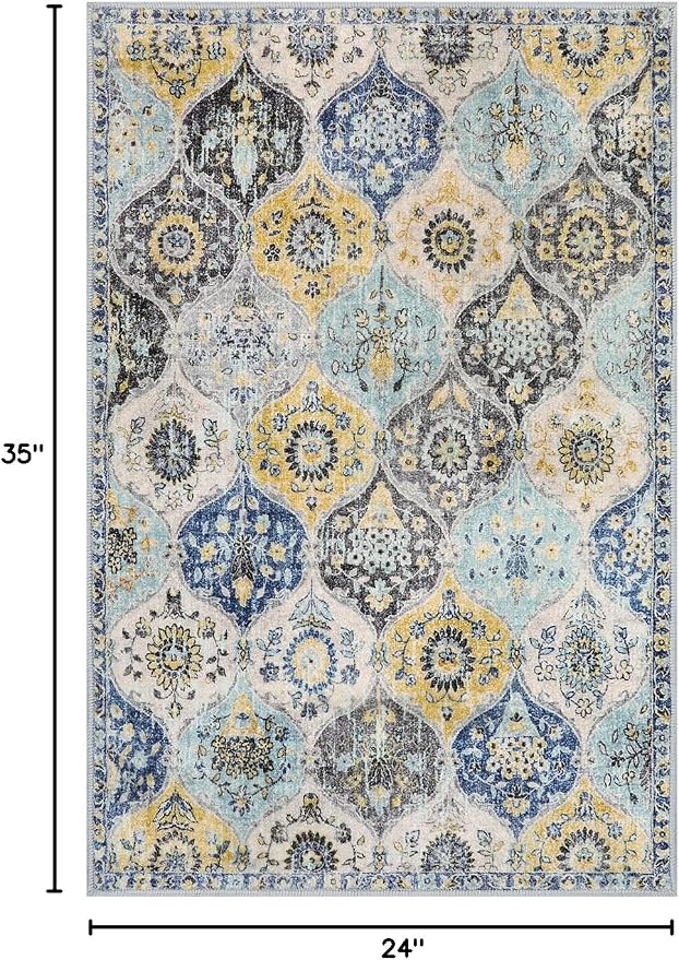 Lahome Moroccan Trellis Kitchen Rugs Non Slip Washable, 2x3 Rugs for Entryway Bathroom, Non-Slip Indoor Door Mat Ultra-Thin, Oriental Small Carpet for Bedroom Entry Elise, Yellow/Aqua