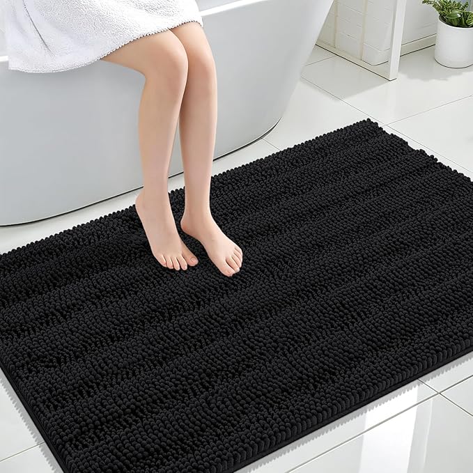 OLANLY Thick Large Bathroom Rugs 47x32, Extra Soft Absorbent Chenille Striped Bath Rugs, Rubber Backing, Machine Wash Dry, Bath Mats for Bathroom Floor, Tub and Shower, Home Decor Accessories, Black