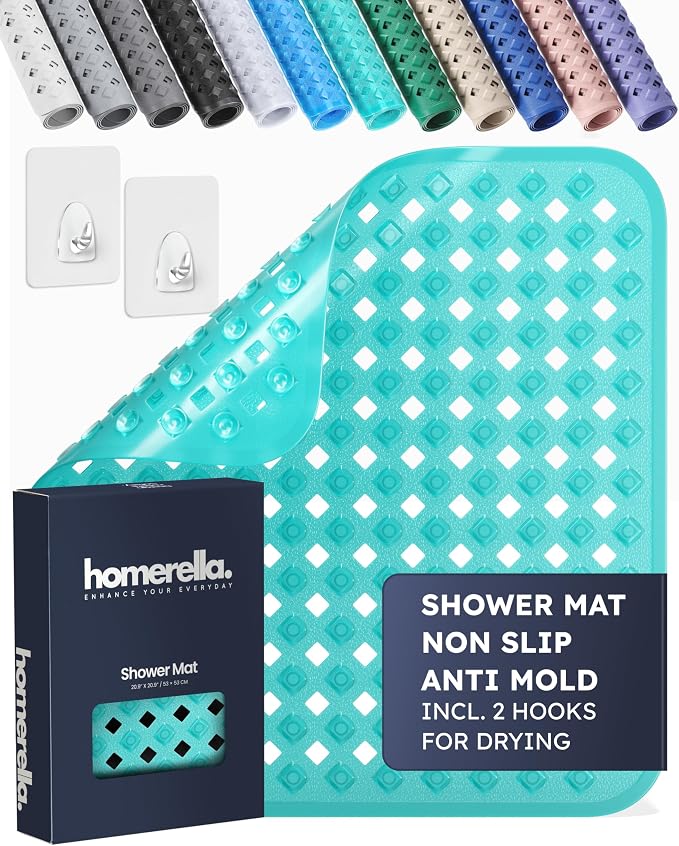 homerella® Shower Mat Non Slip Anti Mold, Non Slip Shower Mats for Inside Shower Stall Anti Slip Mat, Square Shower Floor Mat 21 x 21 in with Suction Cups & Hooks for Quick Drying, Machine Washable
