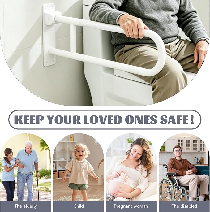 30.3 Inch Toilet Grab Bar, HUAS White Anti Slip Bathroom Toilet Safety Rails, U Shaped Flip-Up Handicap Grab Bars w/Paper Holder, Stainless Steel Support Handrail for Elderly Disabled Senior