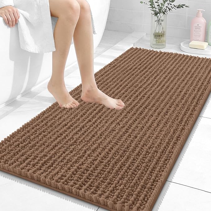 OLANLY Long Bathroom Rugs Runner 47x24, Thick Soft and Absorbent Chenille Bath Mat, Non-Slip, Machine Washable Quick Dry Bath Rugs for Tub Shower Floor, Home Decor Accessories, Mocha