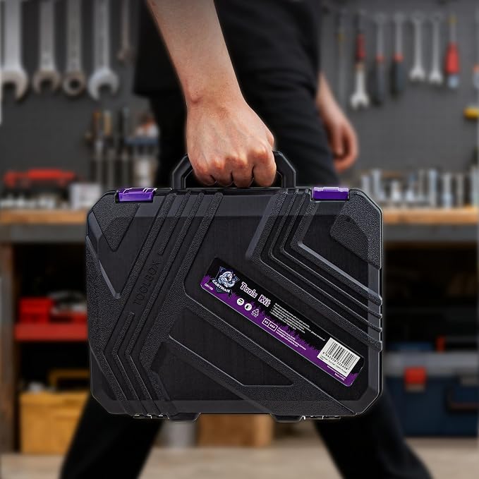 CARTMAN 150-Piece Household Tool Set, 8V Cordless Drill Driver Kit, Complete Hand Tool Kit for Home Maintenance, DIY Projects and Repairs, Purple