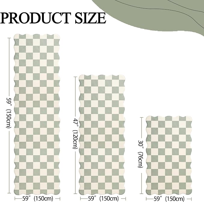 Scalloped Beige Sage Checkered Grid Checkerboard Kitchen Rug Sets [3 PCs], Anti-Fatigue, Waterproof Non-Slip Kitchen Mats Heavy Duty Comfort Foam Rug for Kitchen, Floor, Laundry,17"x29"/47"/59"