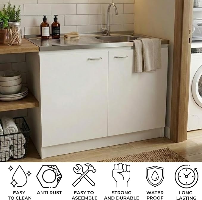 Tuhome Napoles Utility Sink Base Cabinet with Integrated Stainless Steel Countertop, Freestanding Cabinet with Double Doors, Interior Shelf for Laundry Room, Utility Room, Mudroom or Kitchen
