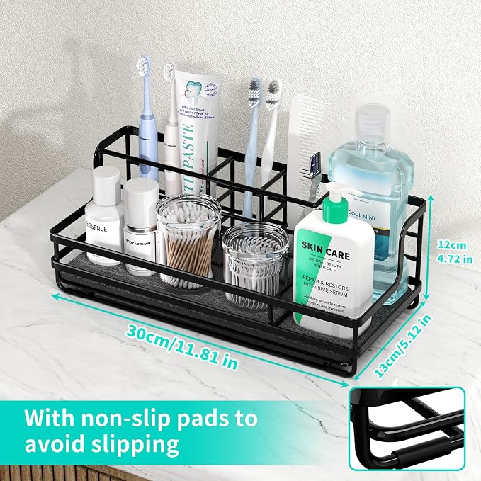 HapiRm Toothbrush Holders for Bathroom - 5 Partitions Bathroom Counter Organizer with Instant Drying Stone, Stainless Steel Countertop Storage Electric Toothbrush Toothpaste Holder - Black(Large)