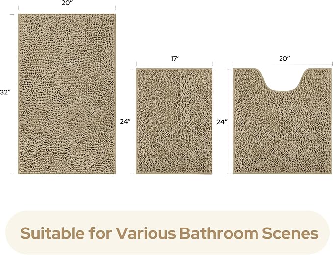 HOMEIDEAS 3 Pieces Bathroom Rugs, Ultra Soft Non Slip Absorbent Chenille Toilet Bath Mat Set (Taupe)
