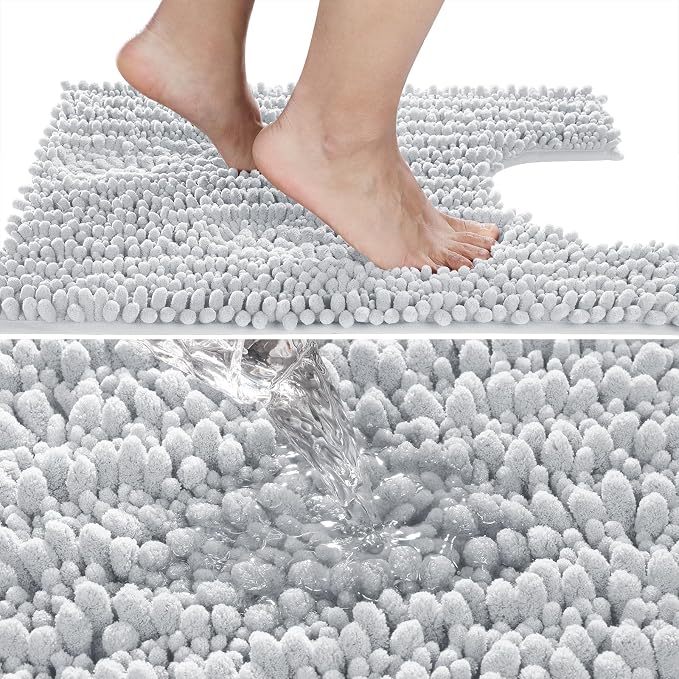 Yimobra Toilet Rug U Shaped Washable 24x24 Inch - Ultra Soft Absorbent Chenille Bath Rugs for Toilet, Quick Dry & Machine Washable, Non Slip Contour Bathroom Mat, Silver