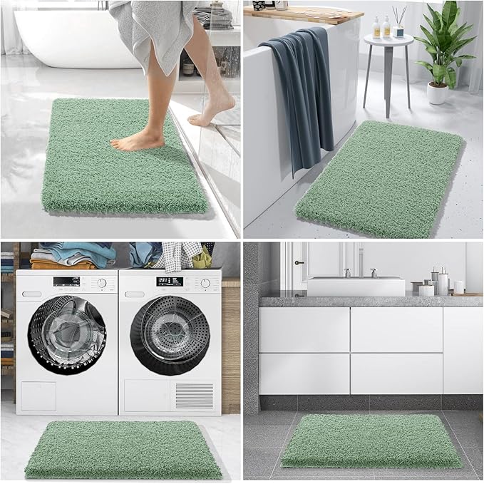 Yimobra Fluffy Plush Bath Rug, Super Shaggy Soft Comfortable Non Slip, Water Absorbent Microfiber Bath Mat, Dries Quickly, Machine Washable Thick Bathroom Rugs for Shower, 44" X 24", Pure Light Green