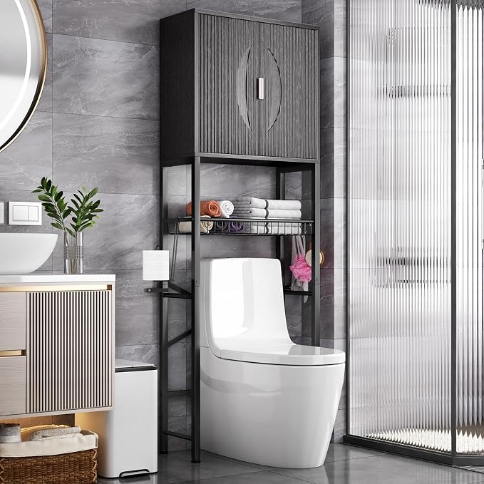 Kalrin Over The Toilet Storage Cabinet with Fluted Wave Doors and Adjustable Shelf, Wood Over Toilet Storage Rack with Drain Basket, Freestanding Bathroom Organizer for Balcony Laundry, Pure Black
