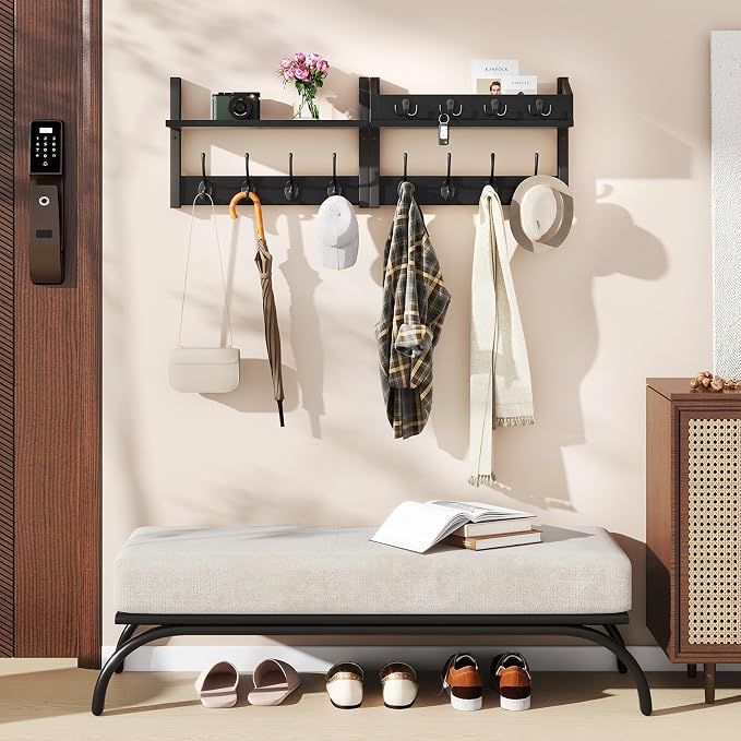 YMYNY 31.5" Coat Rack Wall Mount with Shelf, 4 in 1 Key and Coat Hanger with 12 Metal Hooks, Wall Shelf with Hooks & Mail Holder for Living Room, Bedroom, Black, HWS007B-2