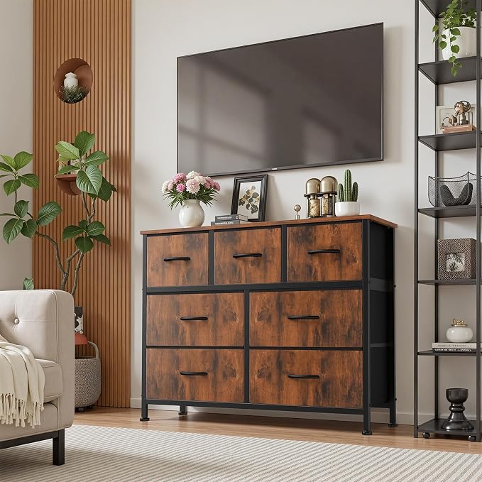 Sweetcrispy 7 Drawer Dresser with Fabric Bins Fabric Storage Tower Organizer for Bedroom Closet Hallway Entryway Tall Chest of Drawers with Steel Frame Wood Top Easy Pull Handles,Rustic Brown