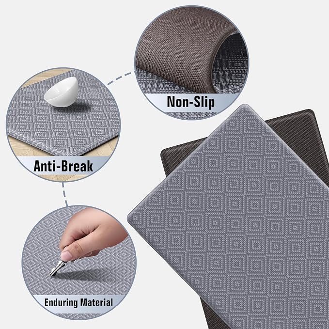 Mattitude Kitchen Mat 2PCS Kitchen Rugs Cushioned Anti-Fatigue Rug Waterproof Standing Desk Mat Kitchen Mats for Floor Kitchen Rug Set for Kitchen, Sink, Office 17.3"×30"+17.3"×59" Light Grey